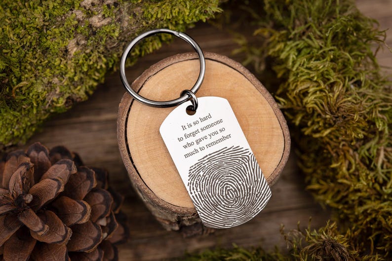 Custom Engraved Fingerprint & Handwriting Keychain - Memorial Grief Jewelry - Personalized Loss of Mother or Father Keepsake Gift