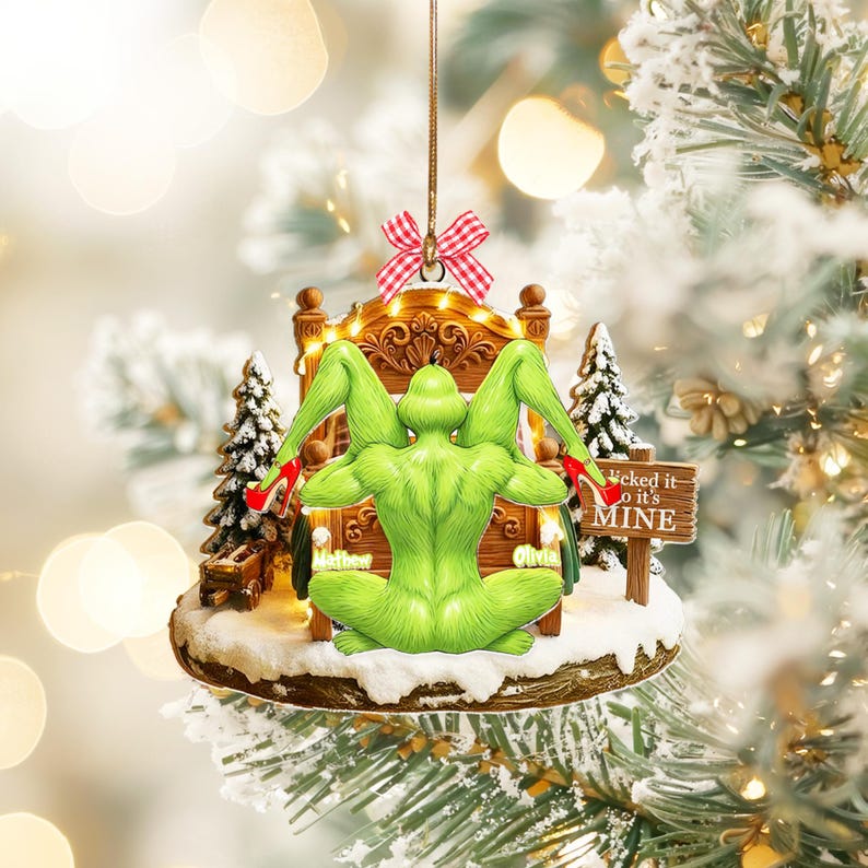 Personalized Grin Christmas Ornament, Funny Green Monster Couple, Custom Holiday Tree Decoration, Christmas Ornament, Merry Grinmas Gift