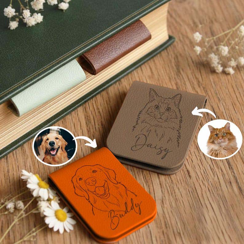 Personalized Magnetic Pet Portrait Bookmark, Engraved Pet Outline Bookmark, Pet Photo Bookmark, Gift for Bookworm, Pet Loss Memorial Gift