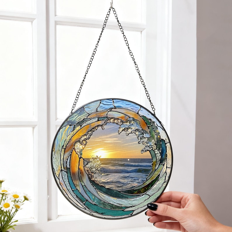 Ocean Wave Stained Glass Suncatcher Beach Coastal Glass Suncatcher Handmade Beach House Window Hanging Ocean Suncatcher Gift