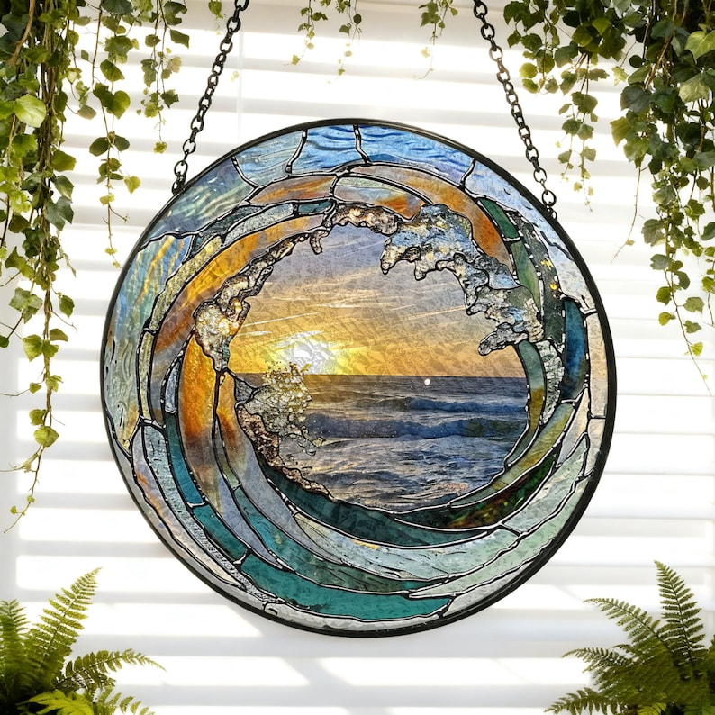 Ocean Wave Stained Glass Suncatcher Beach Coastal Glass Suncatcher Handmade Beach House Window Hanging Ocean Suncatcher Gift