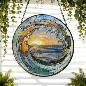 Ocean Wave Stained Glass Suncatcher Beach Coastal Glass Suncatcher Handmade Beach House Window Hanging Ocean Suncatcher Gift