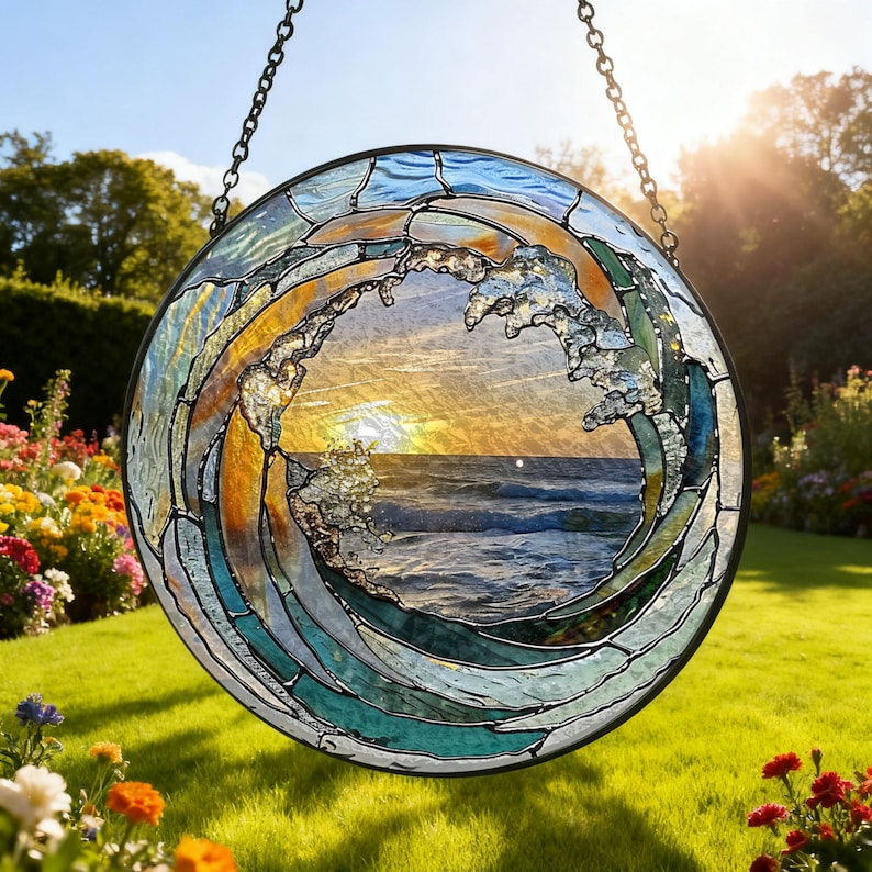 Ocean Wave Stained Glass Suncatcher Beach Coastal Glass Suncatcher Handmade Beach House Window Hanging Ocean Suncatcher Gift