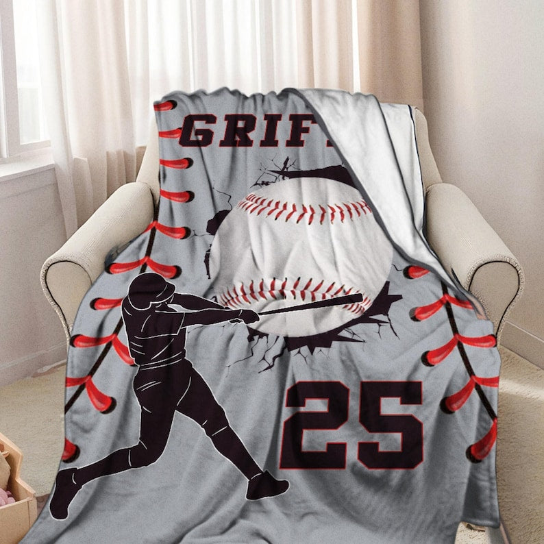Custom Baseball Name Blanket-Personalized Sports Throw with Number-Team Gift for Player-Baseball Stripe Blanket Gift for Kid-Baseball Family