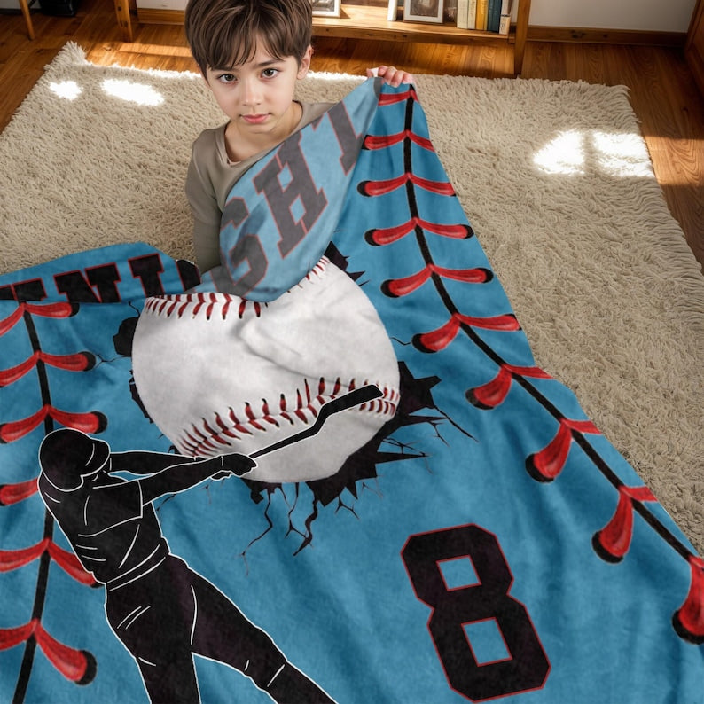 Custom Baseball Name Blanket-Personalized Sports Throw with Number-Team Gift for Player-Baseball Stripe Blanket Gift for Kid-Baseball Family