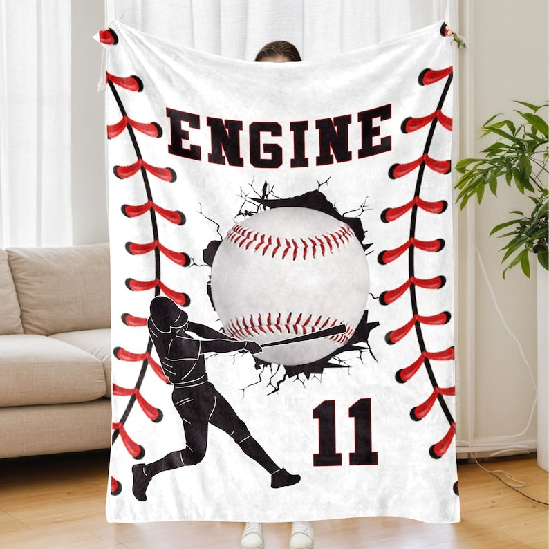 Custom Baseball Name Blanket-Personalized Sports Throw with Number-Team Gift for Player-Baseball Stripe Blanket Gift for Kid-Baseball Family