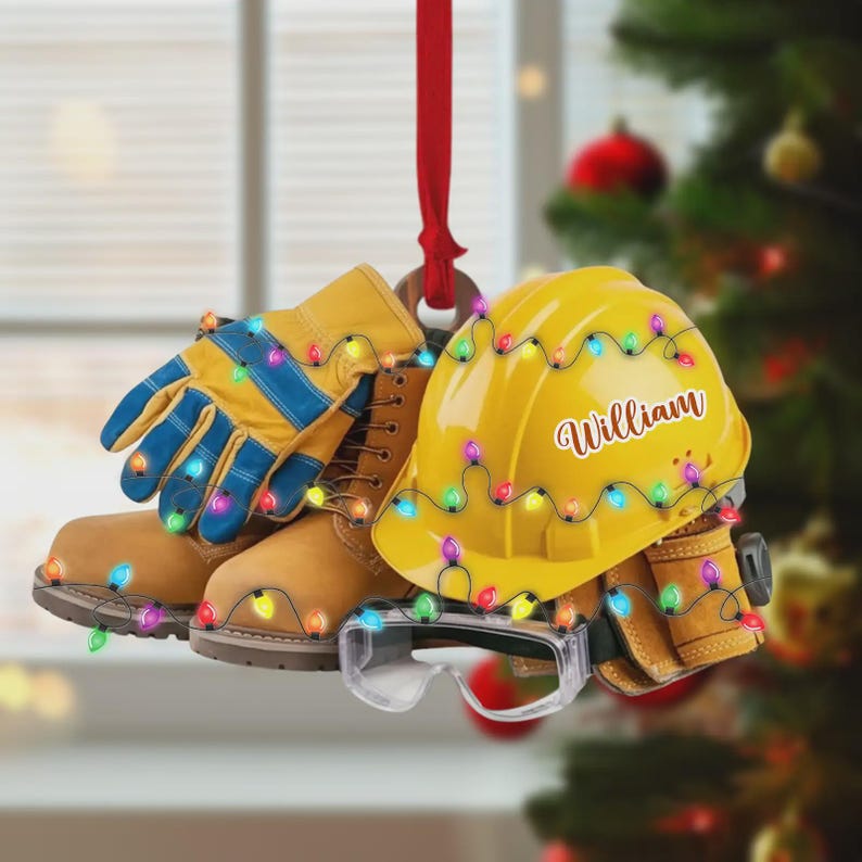 Custom Hard Hat Christmas Ornament, Construction Worker Holiday Gift With Name, Boots And Tools Tree Decor