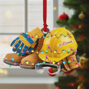 Custom Hard Hat Christmas Ornament, Construction Worker Holiday Gift With Name, Boots And Tools Tree Decor