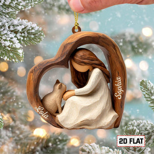 Personalized 2D Flat Faux Wood Cat Lover Acrylic Ornament Custom Girl and Cat Heart Ornament, Keepsake Gift for Cat Owners