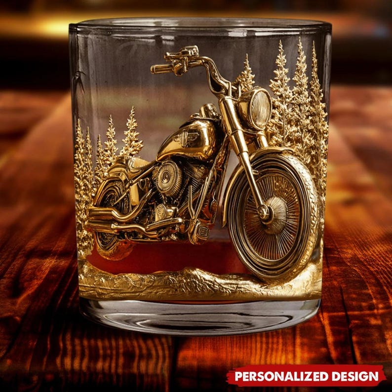 Personalized Biker Whiskey Glass, Gold Never Underestimate An Old Man With His Motorcycle Glass Cup, Custom Name Christmas Gift for Men