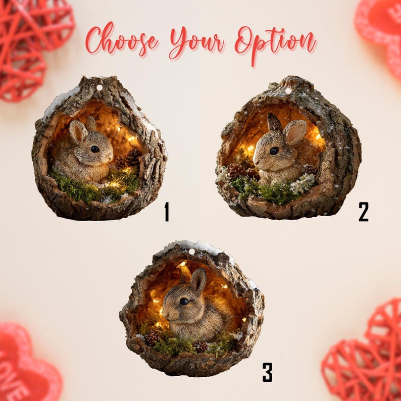 Woodland Bunny LED Ornament, Rustic Acorn Terrarium Christmas Decoration, Cute Forest Rabbit Animal Lover Gift