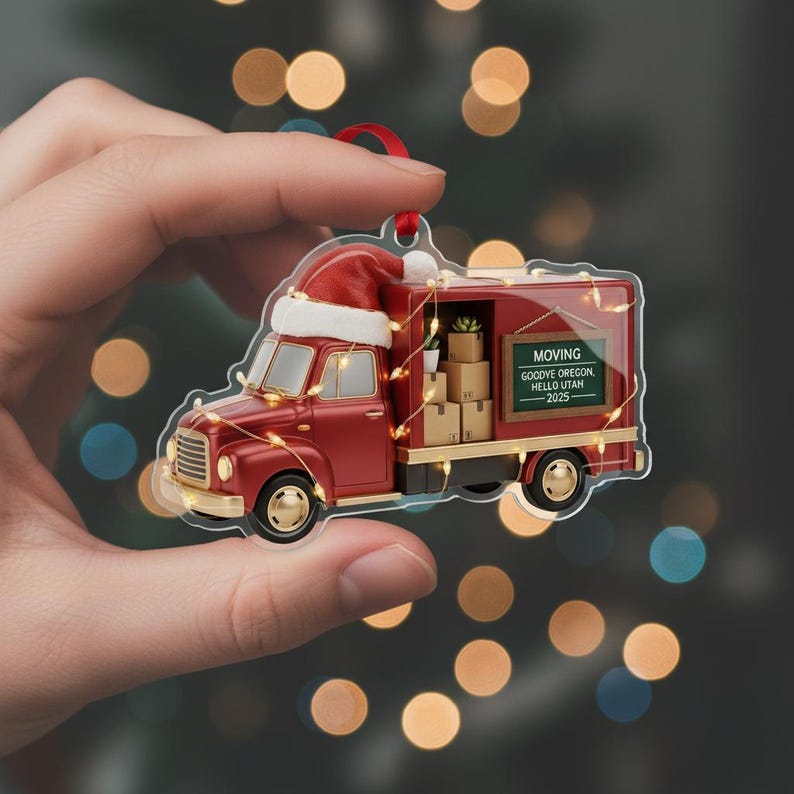 Personalized Moving Truck Ornament: Custom Names and Year Design