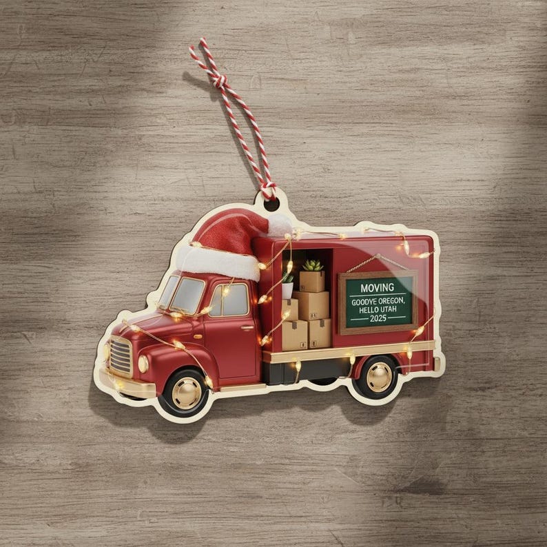 Personalized Moving Truck Ornament: Custom Names and Year Design