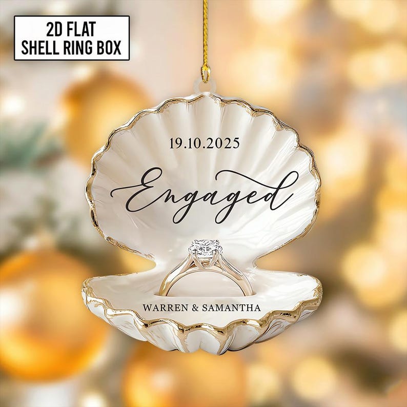 Personalized Beach Engagement Ornament, 2D Flat Shell Ring Box, Wedding 2025 Keepsake, Couple Gift Xmas, Engagement First Xmas Decor