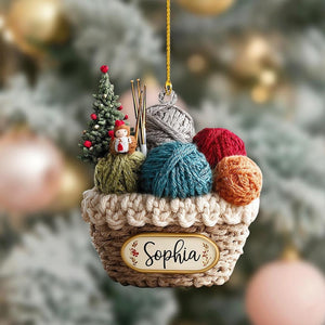 Personalized Knitting Basket Christmas Ornament, 2D Flat Acrylic Yarn Decor for Knitters, Crochet Lover Holiday Gift 2025, Knitting Gift