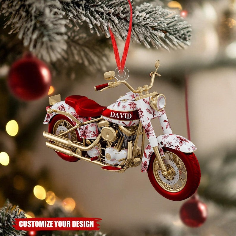 Personalized Motorcycle Ornament Custom Name Biker Christmas Decor, Red Holiday Motorbike Gift for Riders & Men