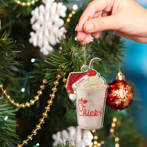 Chick-fil-A Milkshake Christmas Ornament, Personalized Santa Hat Cup Ornament, Custom Name Holiday Drink Decoration, Cute Xmas Tree Gift