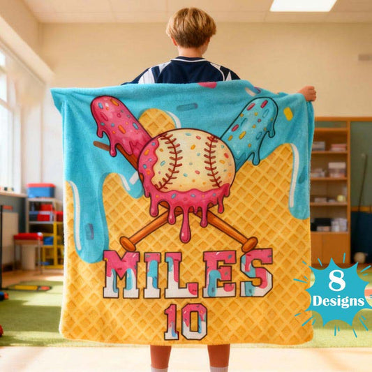 Personalized Ice Cream Drip Baseball Blankets, Custom Name Blanket Gifts for Players Birthday