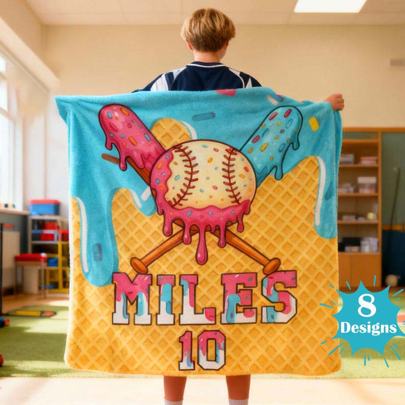 Personalized Ice Cream Drip Baseball Blankets, Custom Name Blanket Gifts for Players Birthday