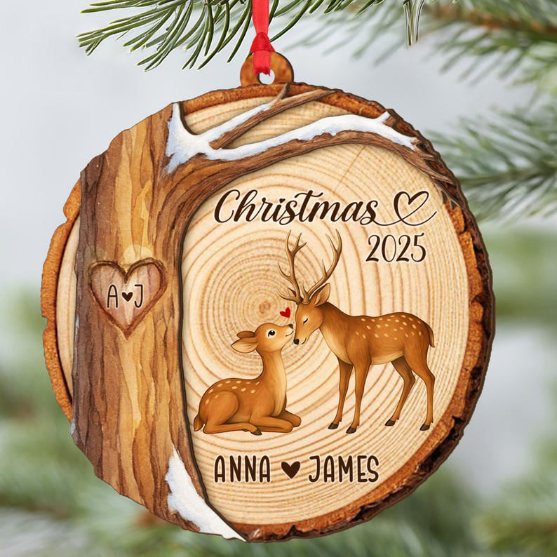Custom Deer Couples Christmas Wood Ornament, First Christmas Together Xmas Decor, Couple Christmas Ornament, Engaged Gift, Couples Gift