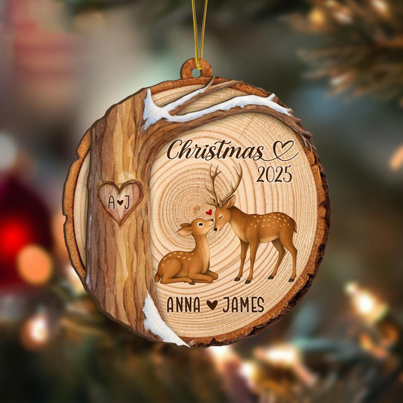 Custom Deer Couples Christmas Wood Ornament, First Christmas Together Xmas Decor, Couple Christmas Ornament, Engaged Gift, Couples Gift
