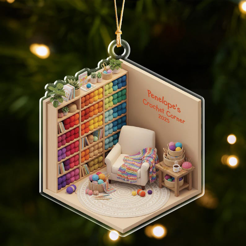 Cozy Yarn Room Miniature, Crochet & Knitting Gift for Her, Custom Craft Room Ornament, Knitter And Yarn Crafter Gift, Grandma And Mom Gift