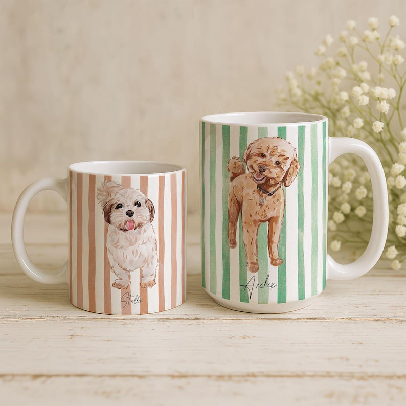 Custom Watercolor Pet Portrait Mug Personalized Dog or Cat Photo Cup, Unique Gift for Pet Lovers & Dog/Cat Moms