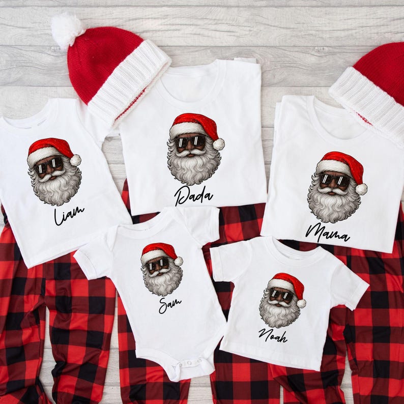 Black Santa Claus Sun Glasses Family Shirts 2025 Christmas Pajamas, African American Santa Claus, Brown Santa Face Family Matching Shirts