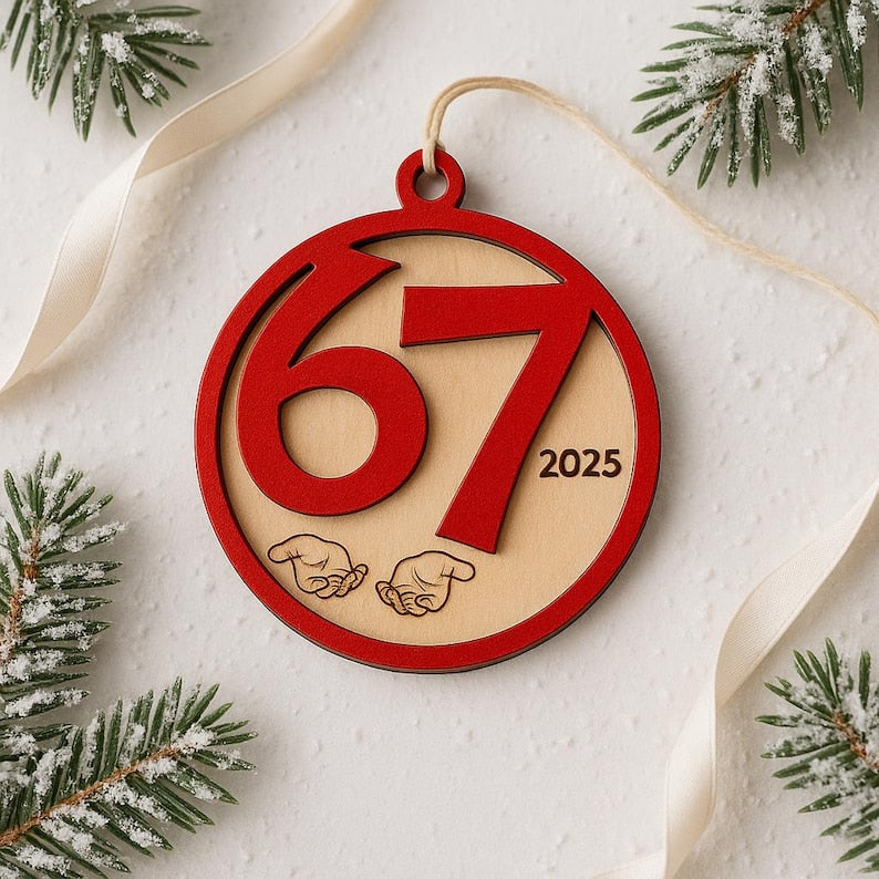 Funny 67 Ornament 2025 Trending Teen Joke 6 7 Meme Decor Humor Gift for Kids & Teens Laser Cut Wood Ornament