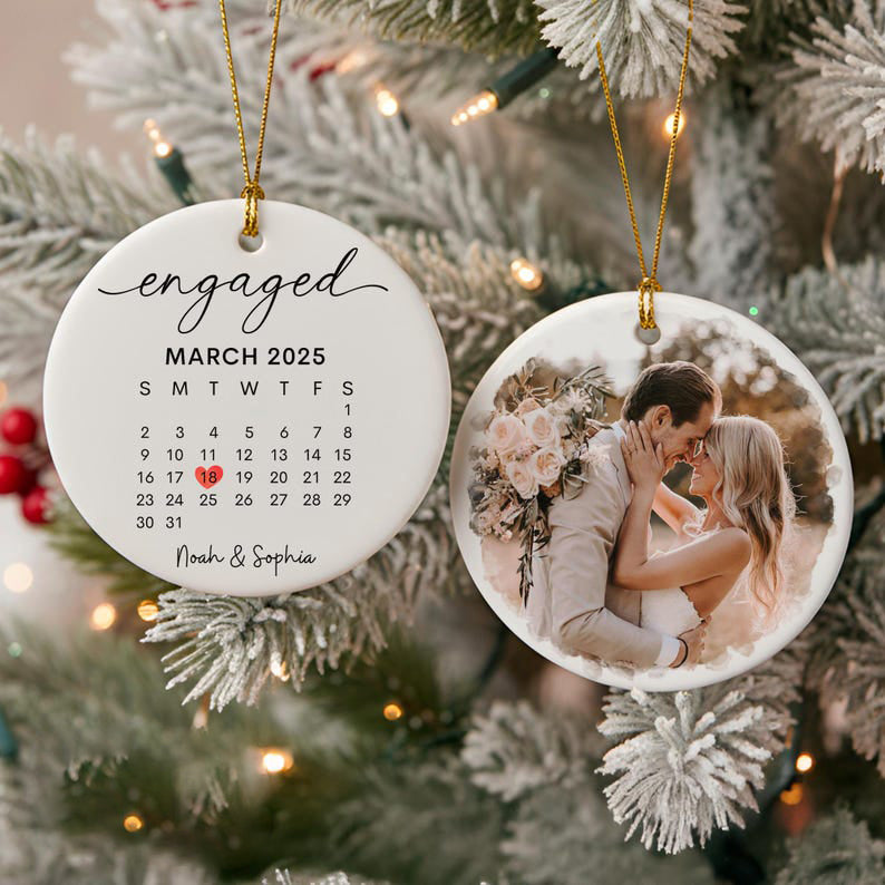Custom Engagement Christmas Ornament, Personalized Wedding Engaged Calendar Ornament With Photo, Christmas Ornament For Newly Couple