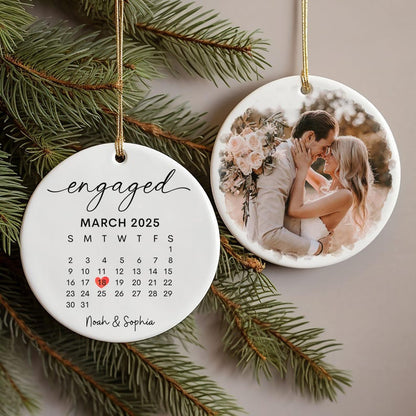 Custom Engagement Christmas Ornament, Personalized Wedding Engaged Calendar Ornament With Photo, Christmas Ornament For Newly Couple