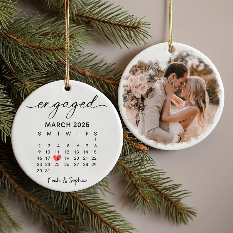 Custom Engagement Christmas Ornament, Personalized Wedding Engaged Calendar Ornament With Photo, Christmas Ornament For Newly Couple