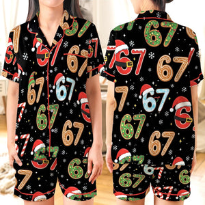 Six Seven Meme Christmas Contrast Pajamas Set For Women And Kids, Funny Christmas PJs, Viral Number Print Sleepwear,Matching Xmas Loungewear