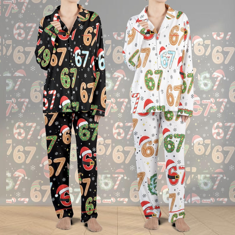 Six Seven Meme Christmas Contrast Pajamas Set For Women And Kids, Funny Christmas PJs, Viral Number Print Sleepwear,Matching Xmas Loungewear