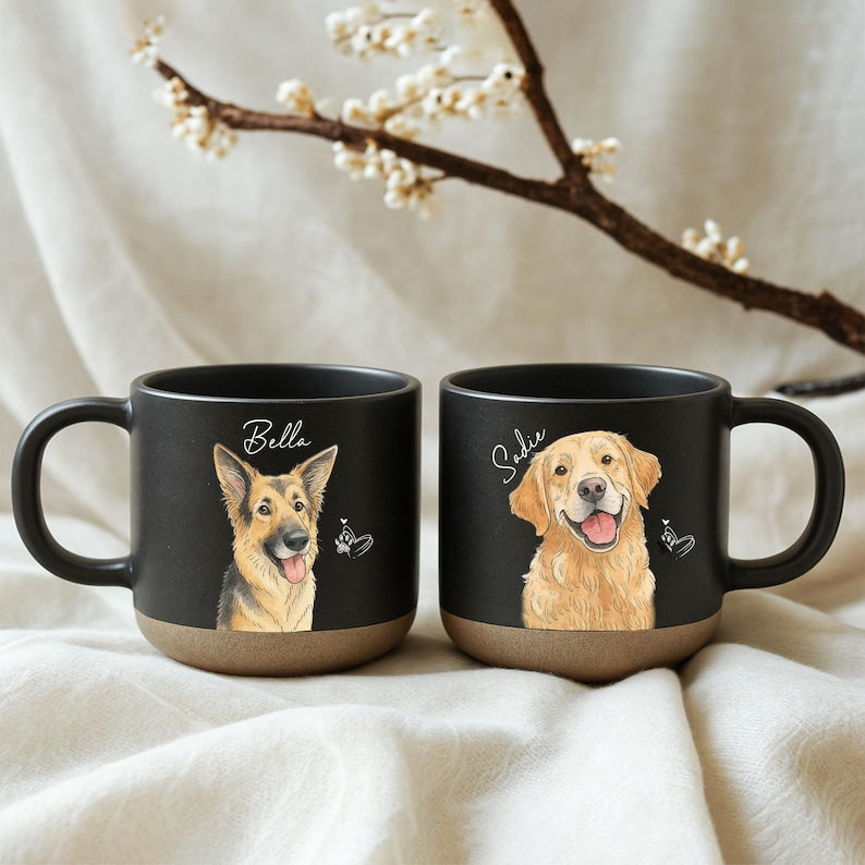 Personalized Watercolor Photo Pet Pottery Mug, Pet Portrait Coffee Cup Gift For Cat Dog Lovers, Custom Dog Remembrance Gifts, Cat Mugs