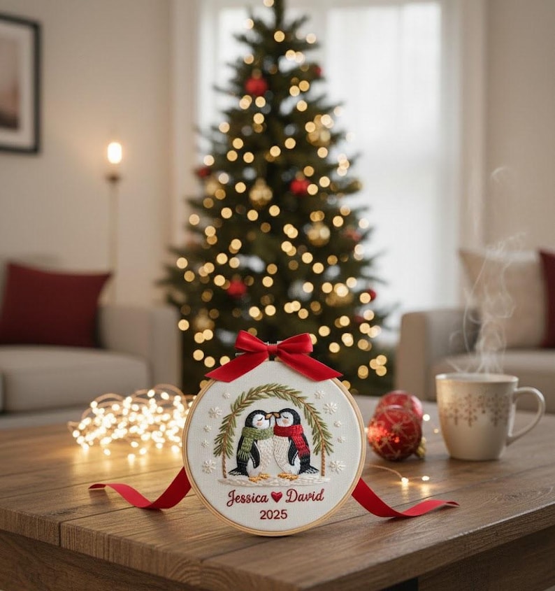 Personalized Couple Gift Our First Christmas Together Embroidered Ornament Custom Couple Names & Year Embroidered Penguin Holiday Keepsake