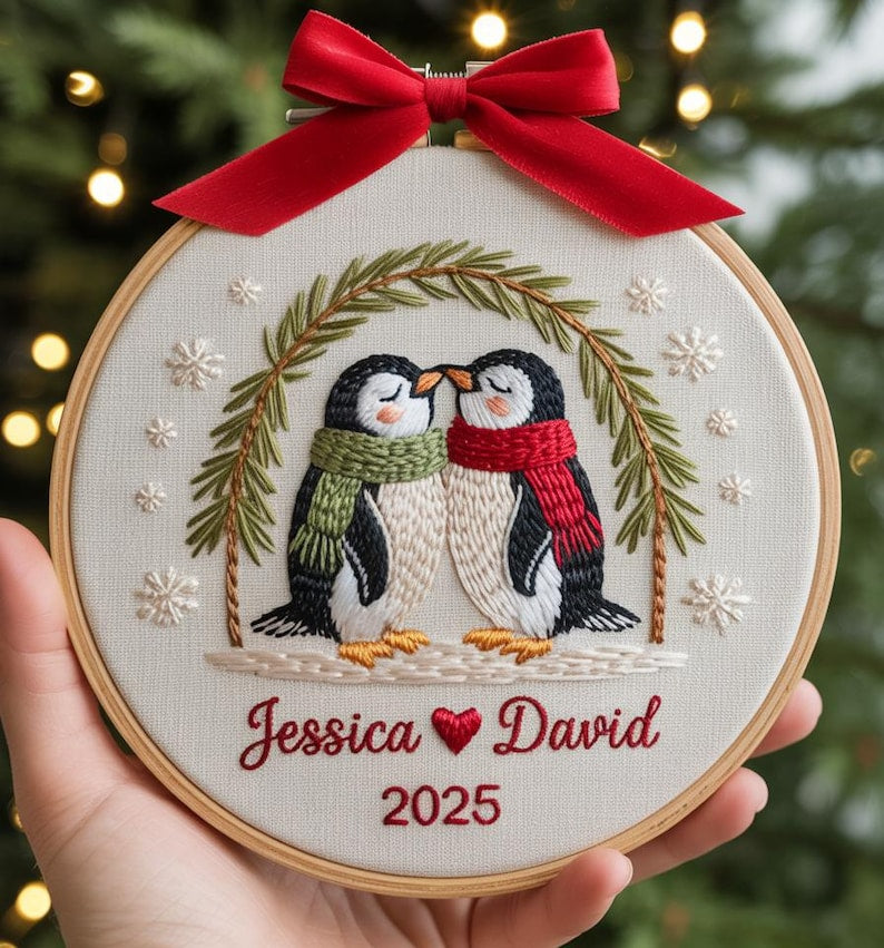 Personalized Couple Gift Our First Christmas Together Embroidered Ornament Custom Couple Names & Year Embroidered Penguin Holiday Keepsake