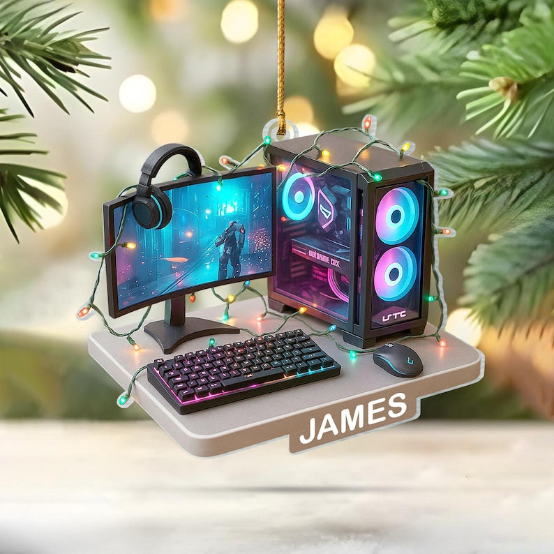 Personalized Gamer PC 2D Flat Acrylic Ornament, Custom Gaming Computer Christmas Decoration with Name, RGB Lights Desk Setup Gift for Gamers