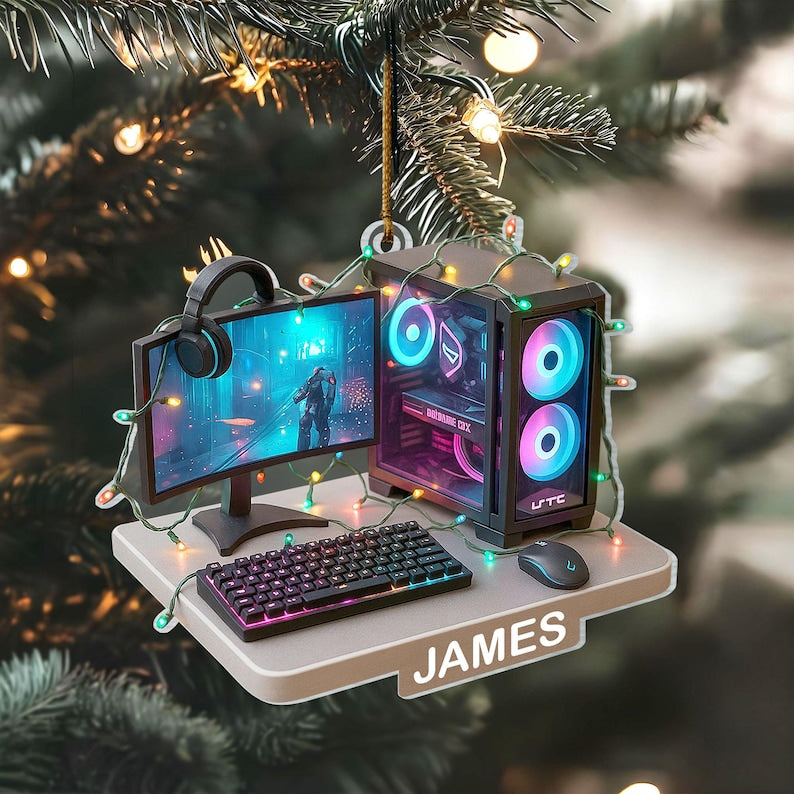 Personalized Gamer PC 2D Flat Acrylic Ornament, Custom Gaming Computer Christmas Decoration with Name, RGB Lights Desk Setup Gift for Gamers