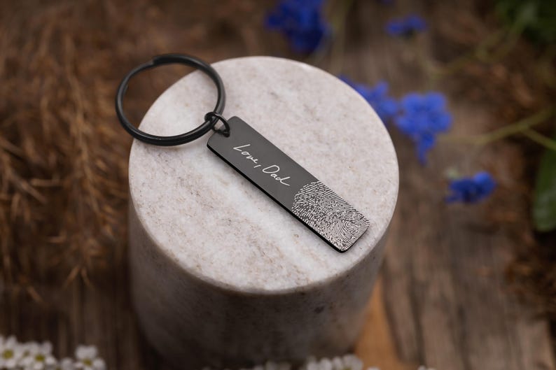Fingerprint and Handwriting Memorial Keychain, Engraved Custom Signature Keyring with Thumbprint, Personalized Inscription Grief Gift