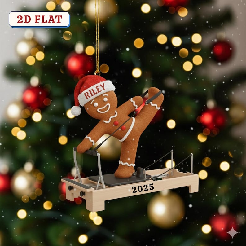 Custom 2D Flat Acrylic Gingerbread Pilates Ornament Personalized Santa Hat Reformer Decor, Cute Fitness Christmas Gift 2025