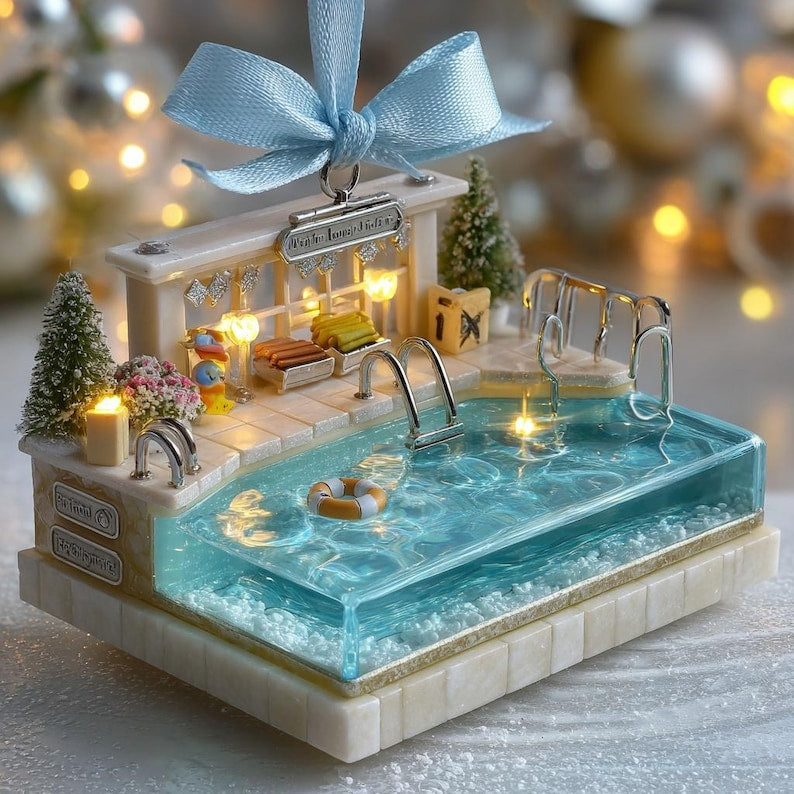 Luxury Pool 2D FLAT ORNAMENT, Resort Swimming Pool Christmas Decor, Summer Vacation Tree Ornament Gift