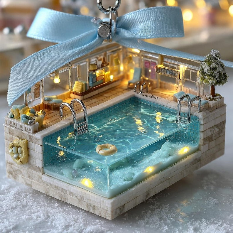 Luxury Pool 2D FLAT ORNAMENT, Resort Swimming Pool Christmas Decor, Summer Vacation Tree Ornament Gift