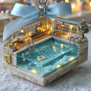 Luxury Pool 2D FLAT ORNAMENT, Resort Swimming Pool Christmas Decor, Summer Vacation Tree Ornament Gift