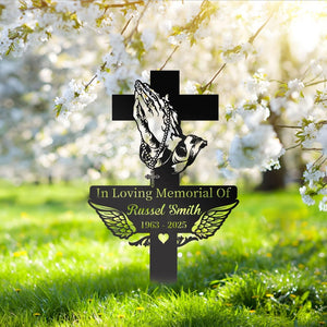 Personalized Memorial Cross with Praying Hands - Sympathy Grave Marker