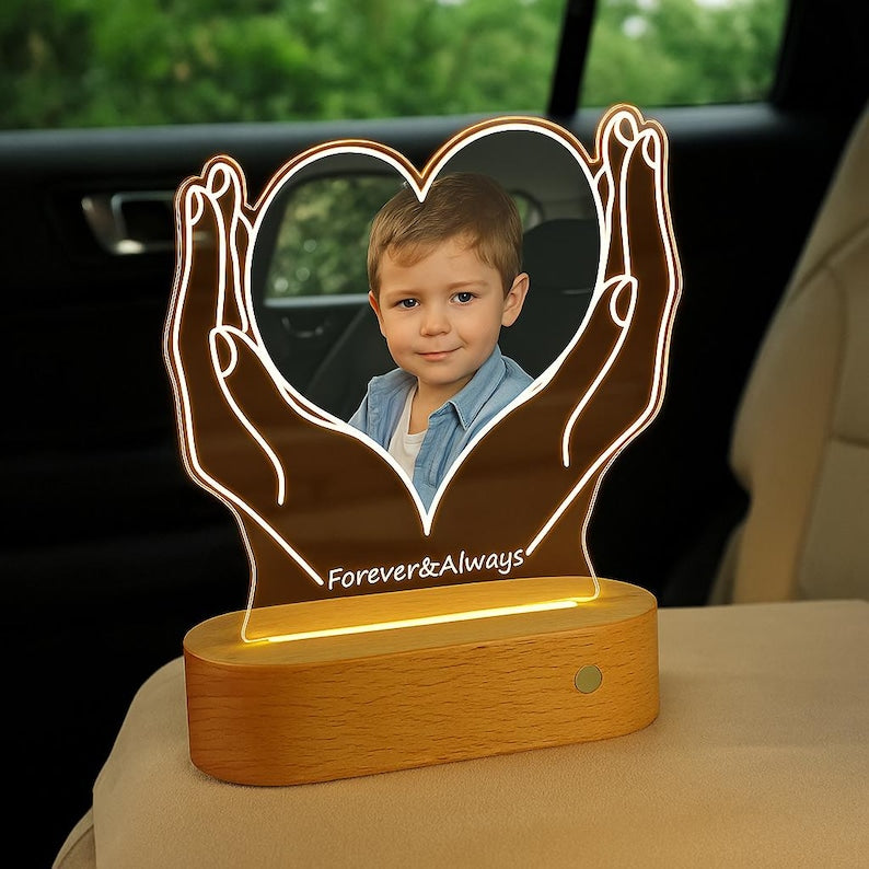 Personalized Heart Photo LED Lamp: Custom Acrylic Night Light, Wooden Base