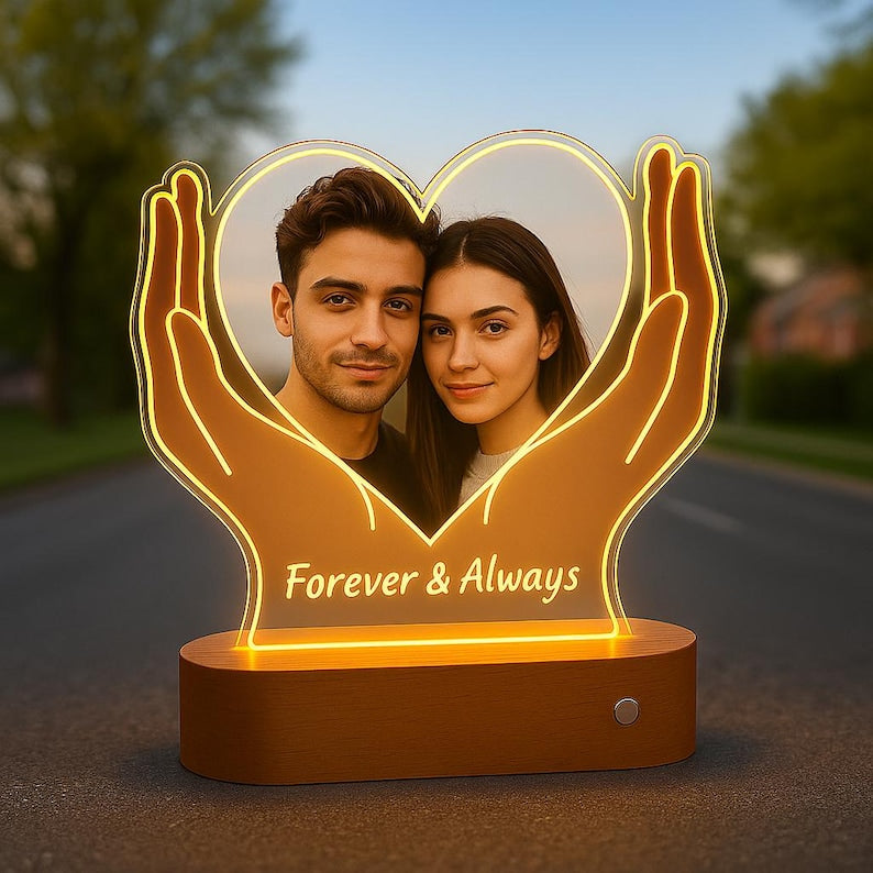 Personalized Heart Photo LED Lamp: Custom Acrylic Night Light, Wooden Base