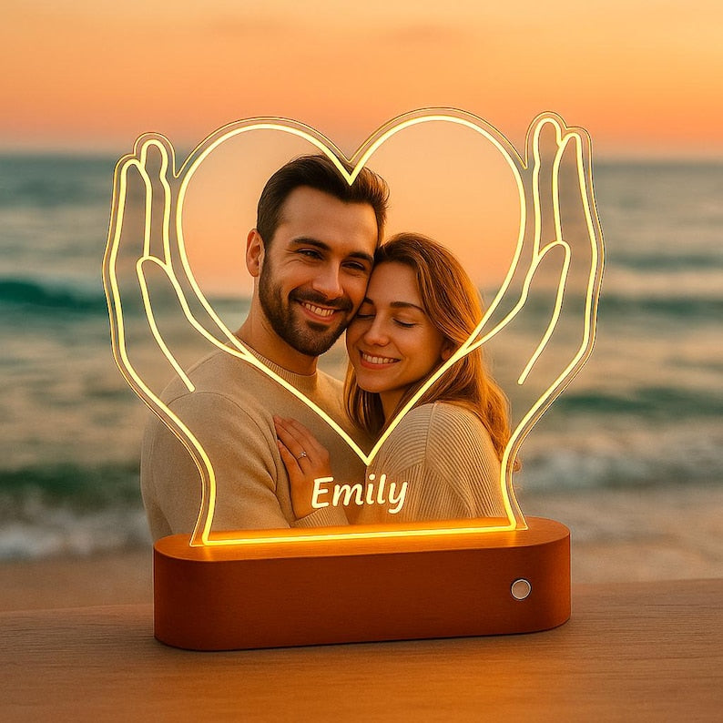 Personalized Heart Photo LED Lamp: Custom Acrylic Night Light, Wooden Base