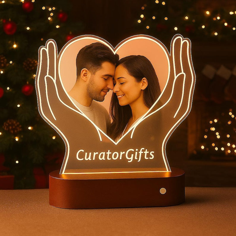 Personalized Heart Photo LED Lamp: Custom Acrylic Night Light, Wooden Base