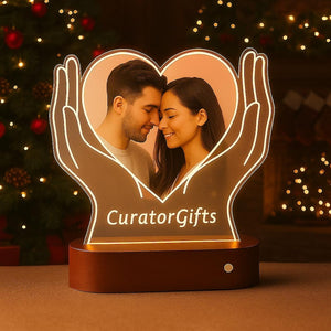 Personalized Heart Photo LED Lamp: Custom Acrylic Night Light, Wooden Base